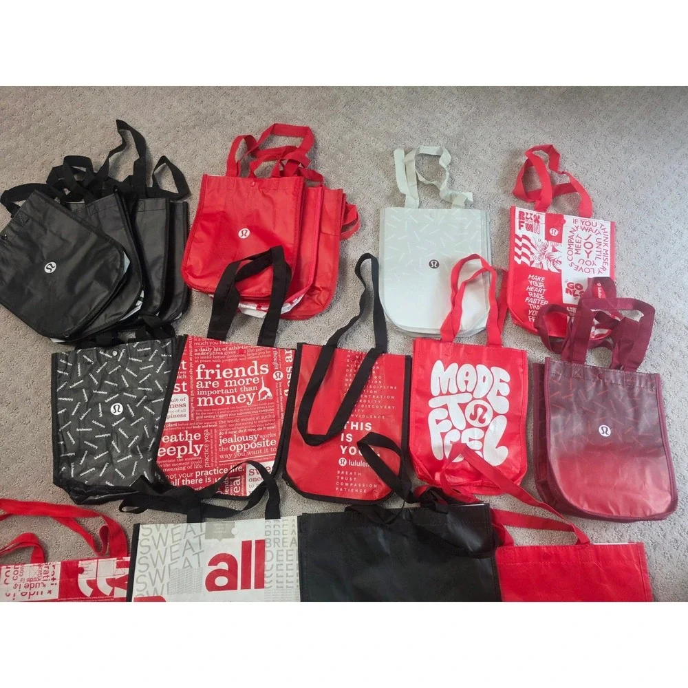 Lululemon Reusable Tote Bag Lot of 19 Small and Medium Red Black White Shopping
